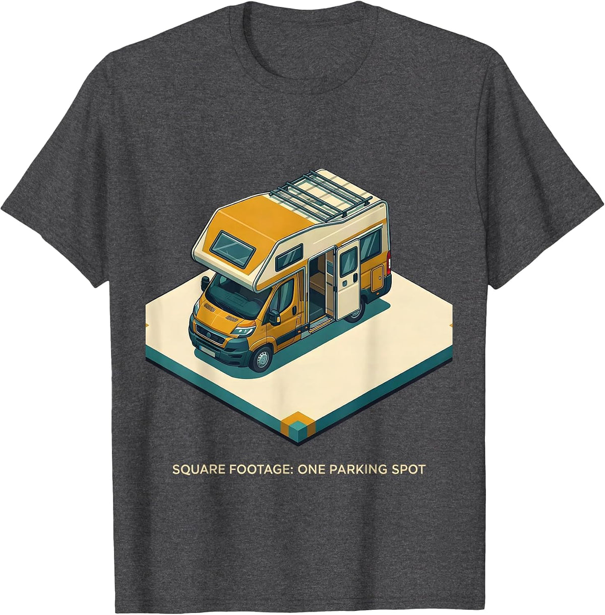 Men's Square Footage: One Parking Spot Retro Van Life Camper Van T-Shirt - Dark Heather Grey