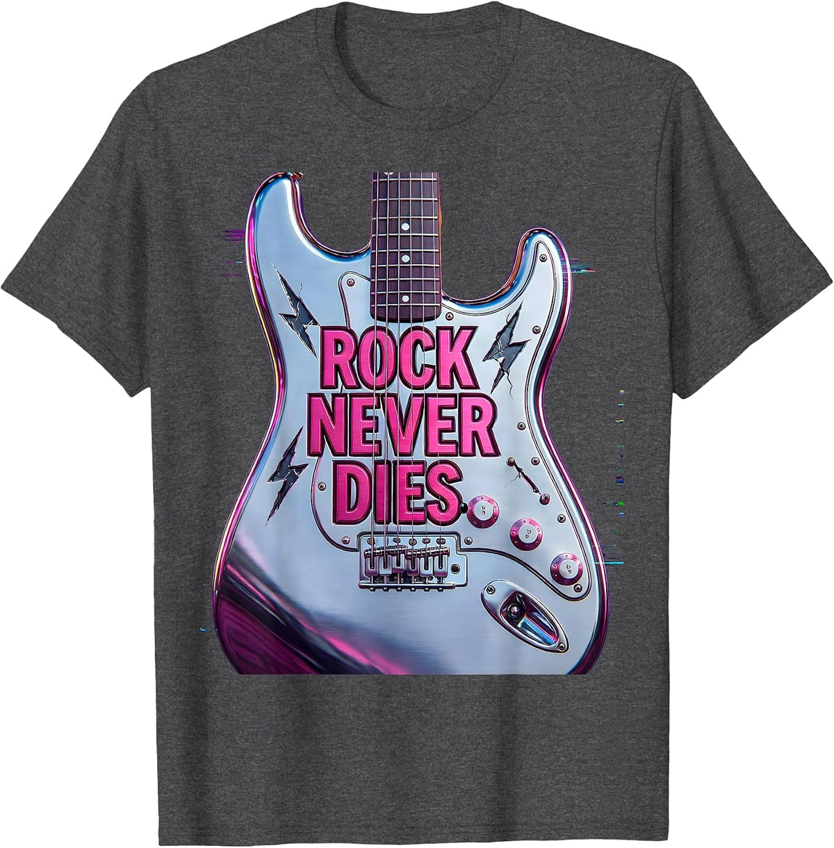 Rock Never Dies Bold Music Graphic Design T-Shirt - Dark Heather Grey