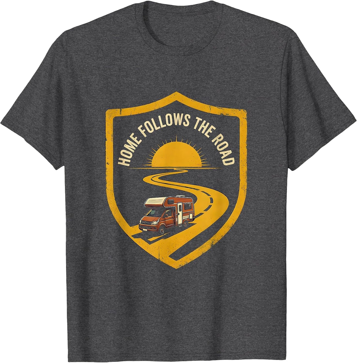 Home Follows The Road Retro Van Life Emblem T-Shirt - Dark Heather Grey