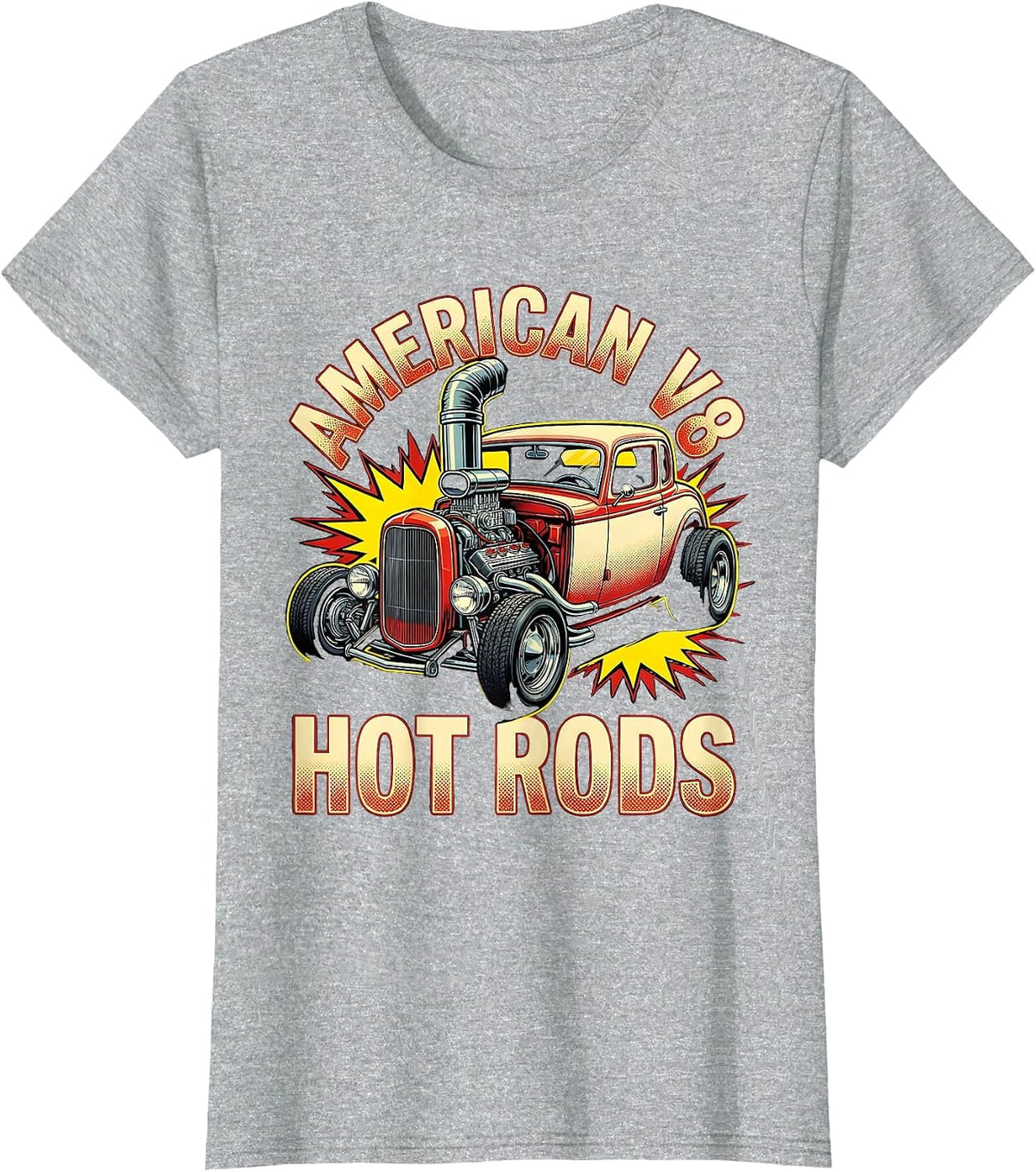 American V8 Hot Rods Pop Art Classic Muscle Car Enthusiast T-Shirt - Heather Grey