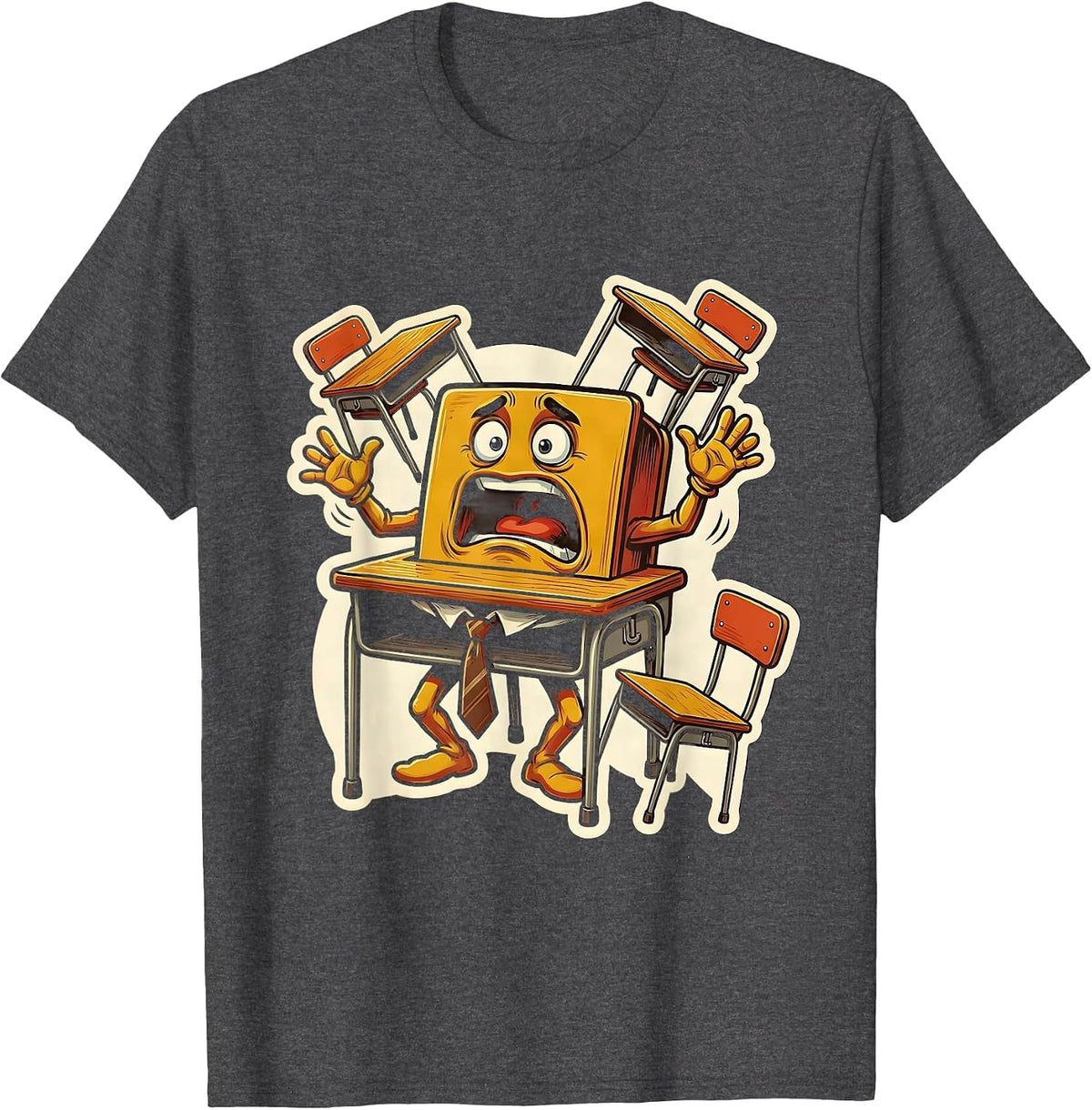Substitute Teacher Chaotic Classroom Desks Design T-Shirt - Dark Heather Grey