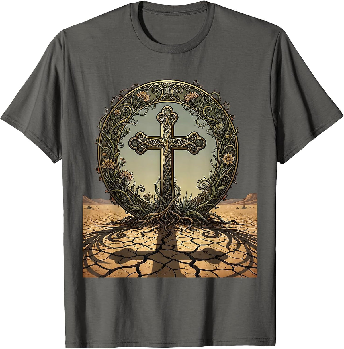 Cross Shadow on Cracked Desert Ground Graphic T-Shirt - Asphalt Grey