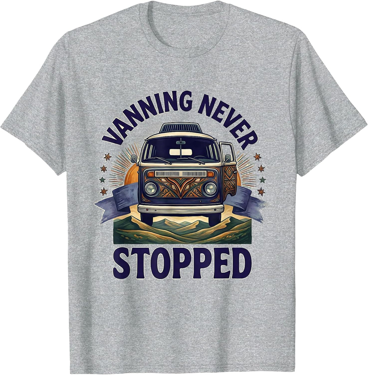 Men's Vanning Never Stopped Folk Art Van Life Retro Road Trip T-Shirt - Heather Grey