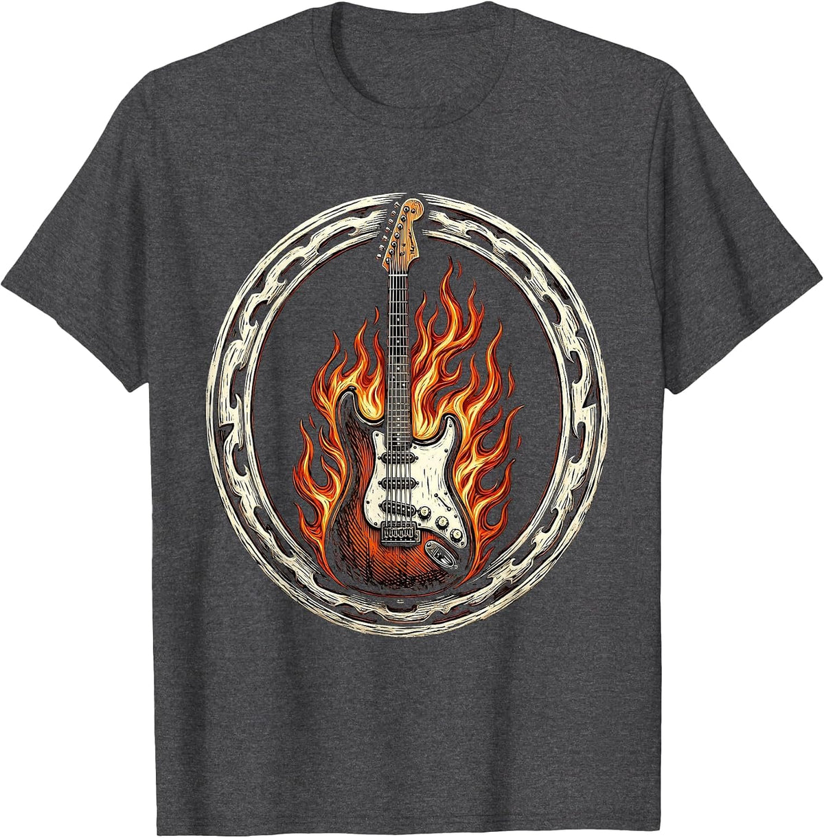 Flaming Electric Guitar Punk Rock Graphic T-Shirt - Dark Heather Grey