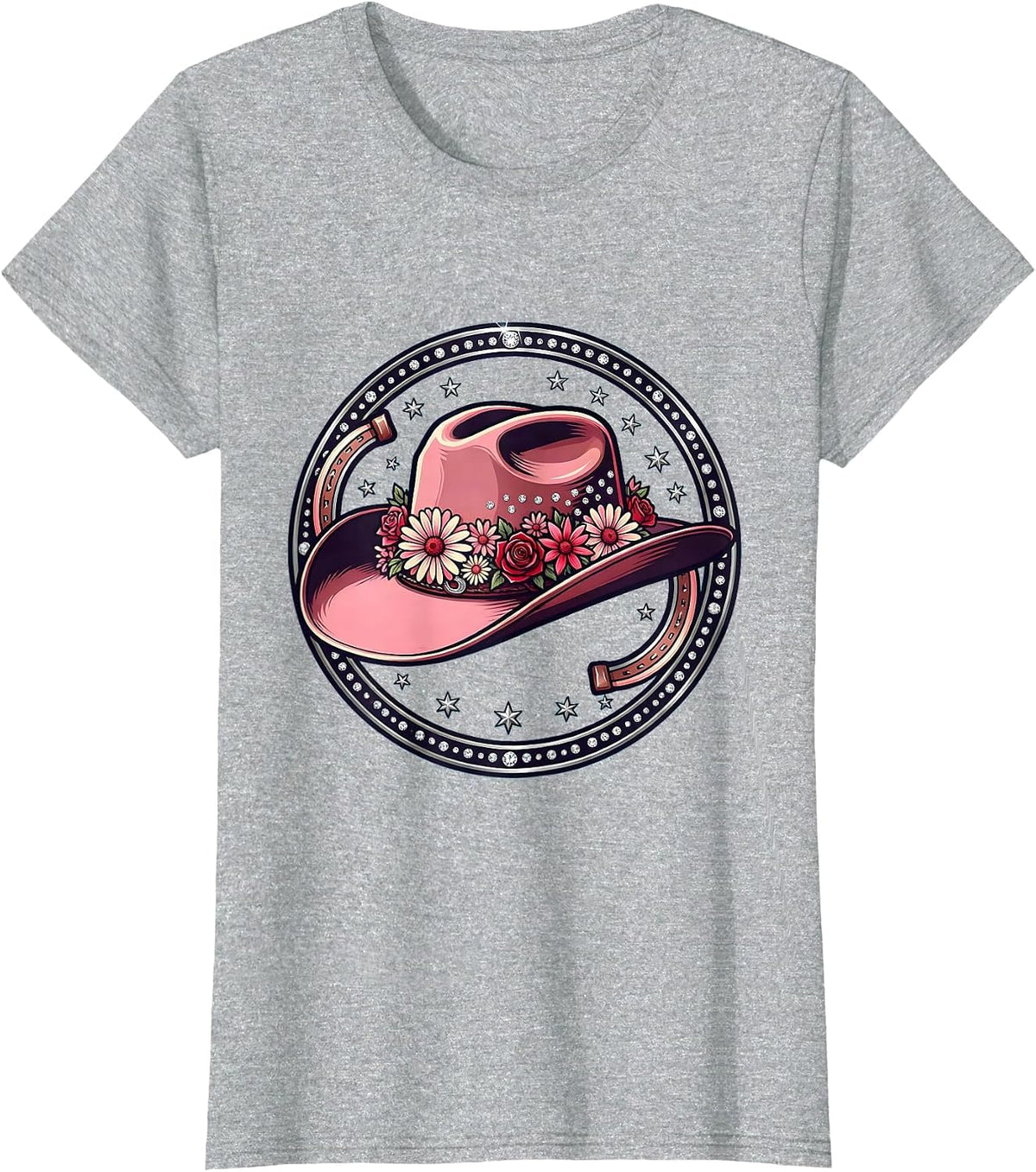 Cowgirl Wildflower Hat Rodeo Illustration T-Shirt - Heather Grey