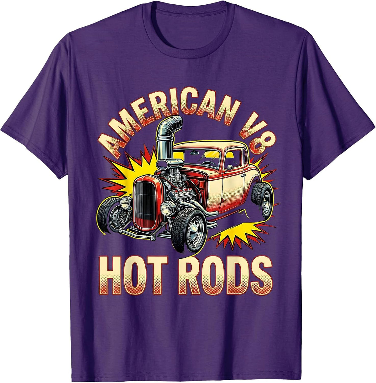 American V8 Hot Rods Pop Art Classic Muscle Car Enthusiast T-Shirt - Purple