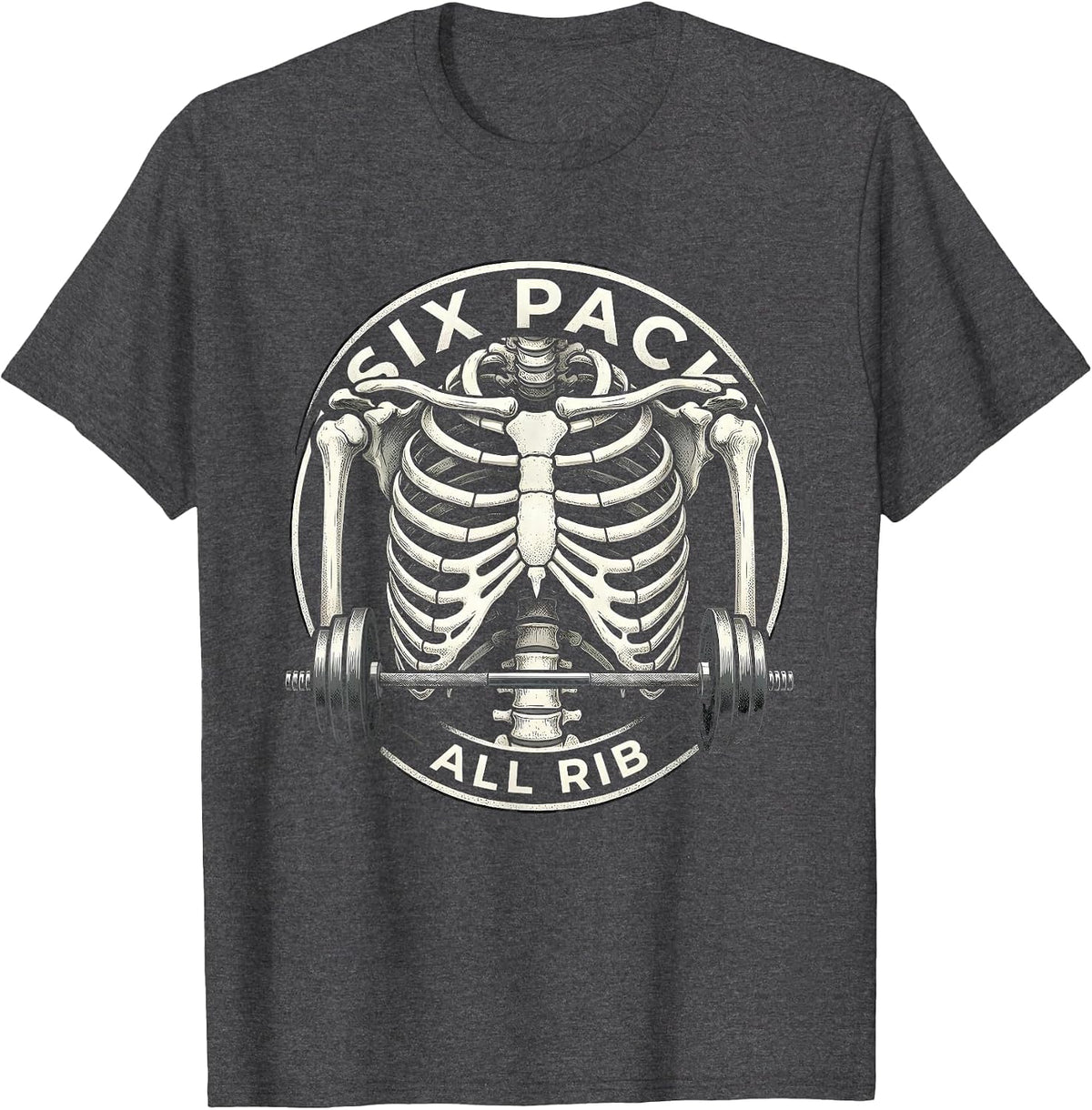 Six Pack, All Rib Funny Skeleton Gym Workout Halloween Humor T-Shirt - Dark Heather Grey