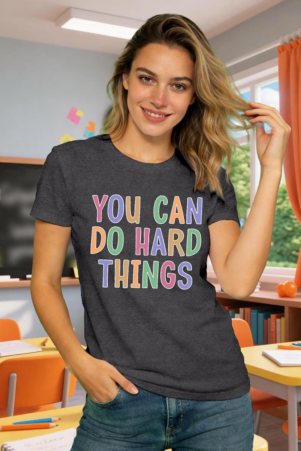 Women's Teacher Shirt You Can Do Hard Things T-Shirt Teach Teaching Inspirational Encouraging Tee Tops - size chart