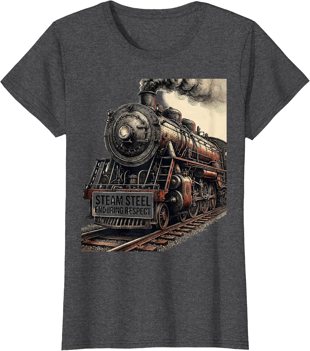 Women's Steam Steel Enduring Respect Vintage Steam Locomotive Train T-Shirt - Dark Heather Grey