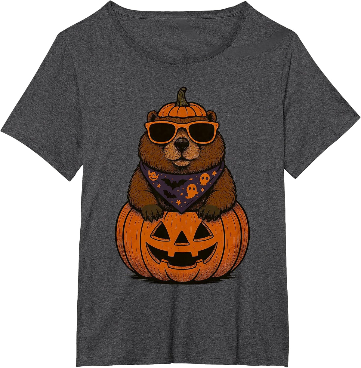 Spooky Groundhog Pumpkin Halloween T-Shirt - Dark Heather Grey