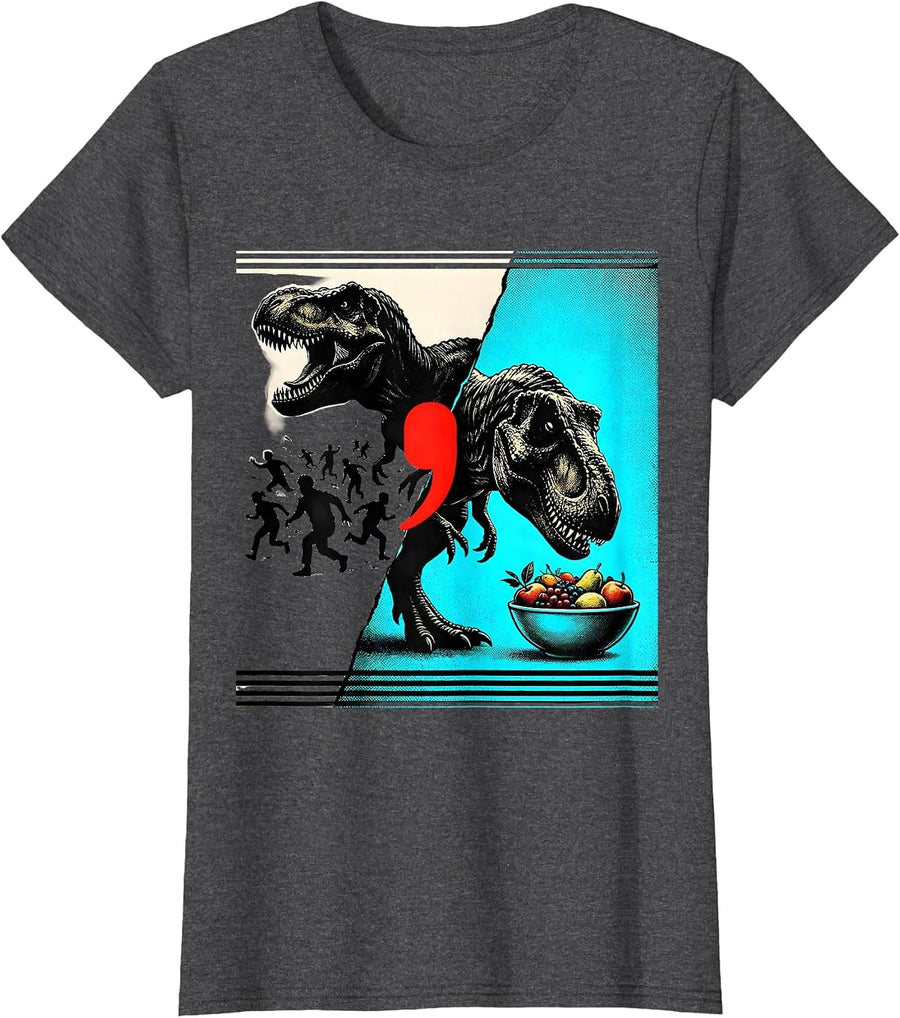 Women's Tyrannosaur Punctuation Humor Grammar Teacher Gift T-Shirt - Dark Heather Grey