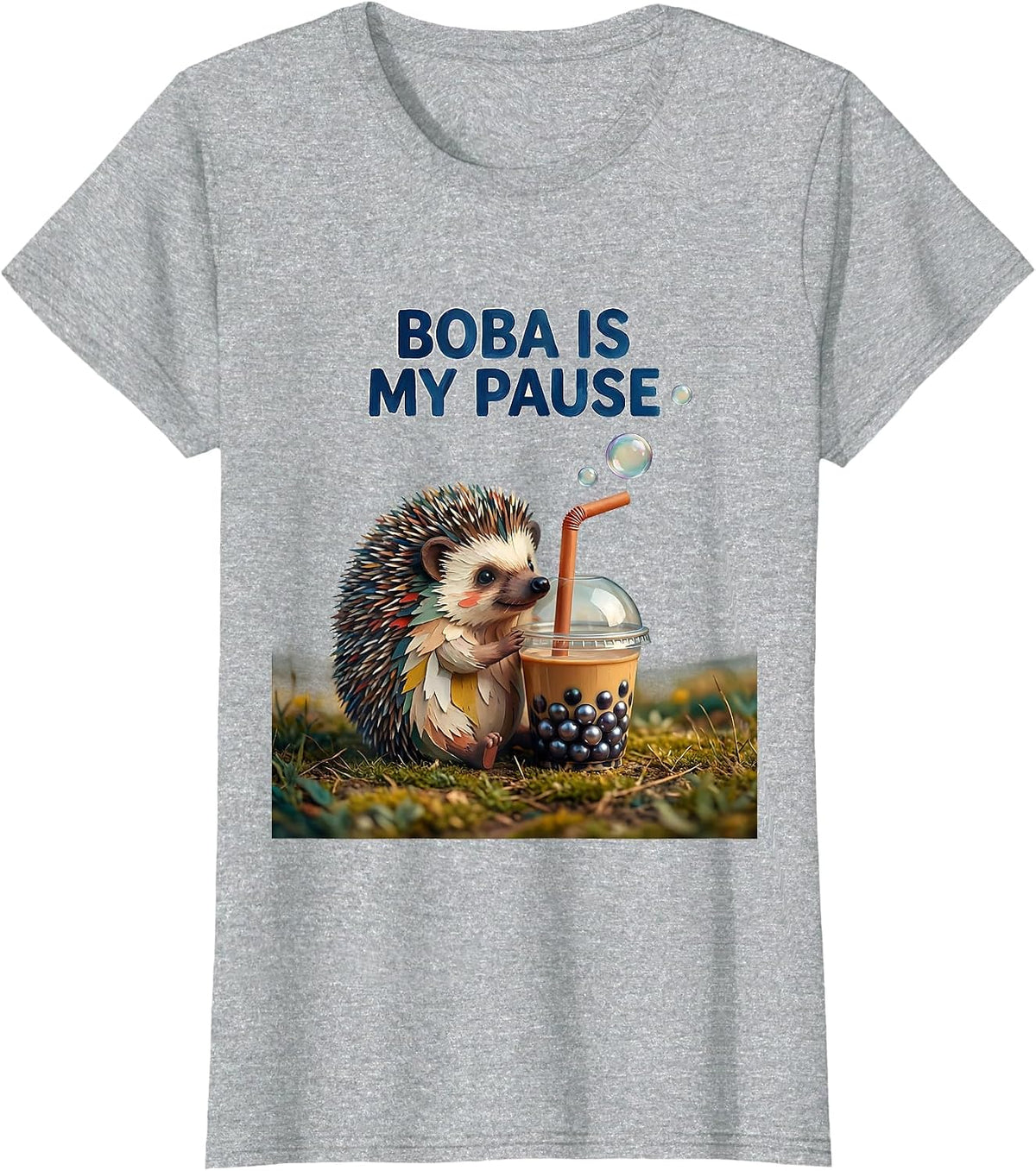 Women's Boba Is My Pause Cute Kawaii Hedgehog Anime Boba Tea Lover T-Shirt - Heather Grey