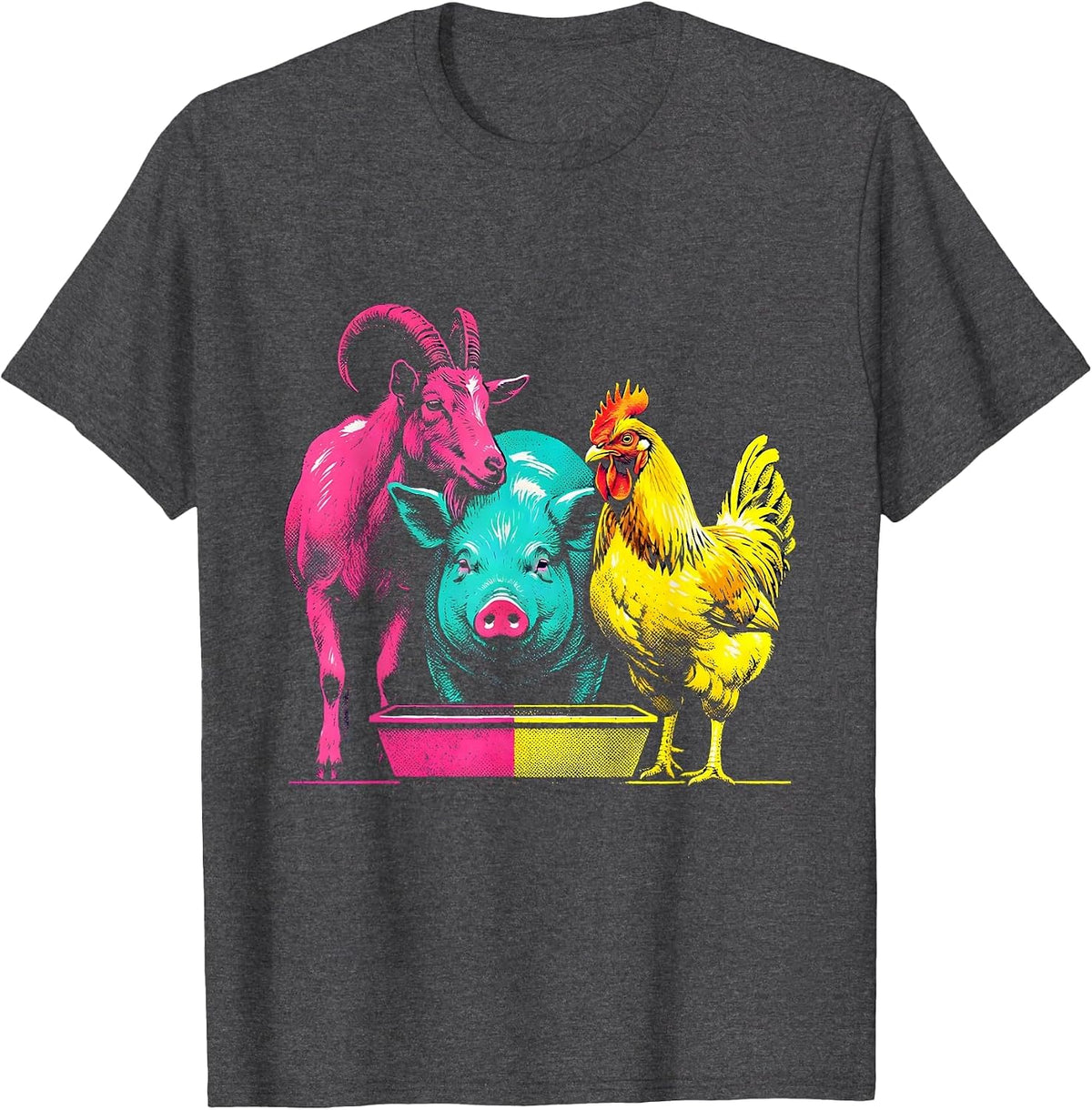 Men's Interlocked Goat Pig Chicken Risograph Farm Animal Humor T-Shirt - Dark Heather Grey