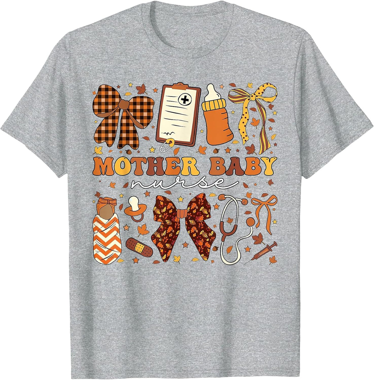 Postpartum Fall Coquette Mother Baby Nurse Thanksgiving T-Shirt - Heather Grey