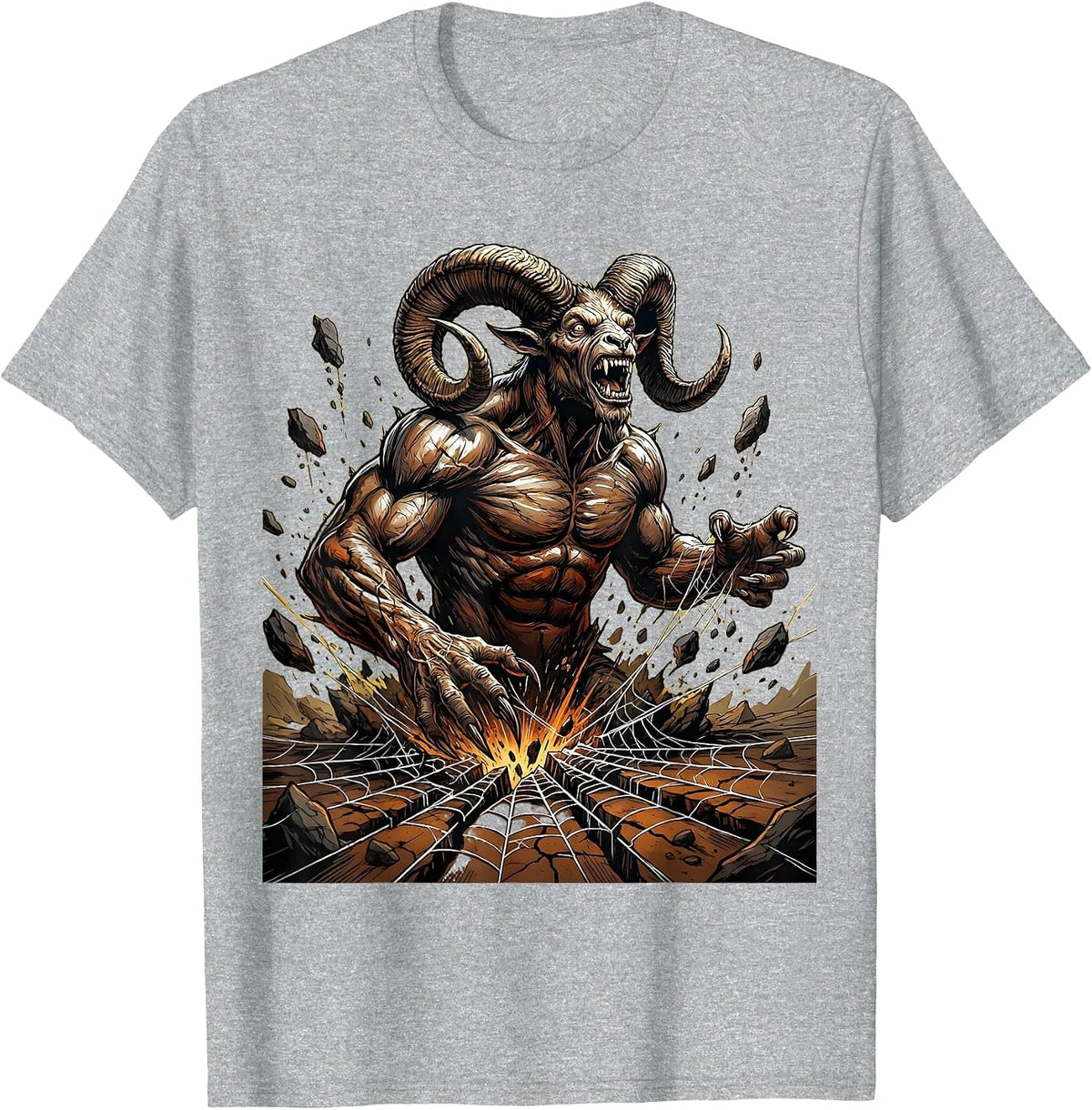 Men's Horned Demon Rising From Cracked Earth T-Shirt - Heather Grey