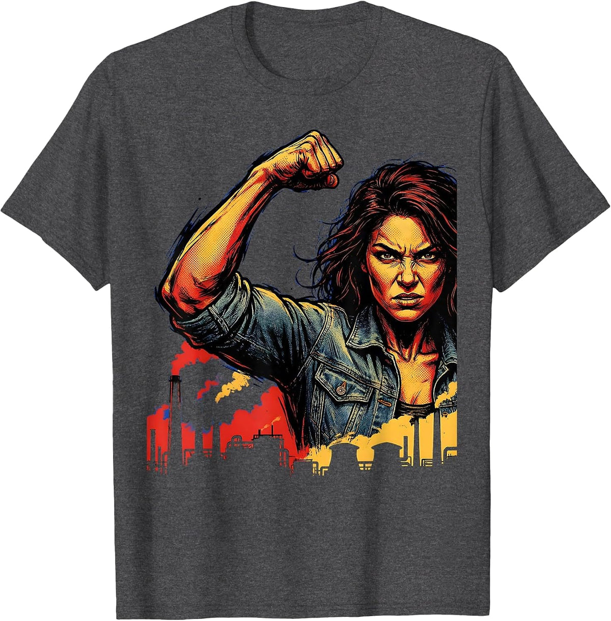 Rosie the Riveter Flexing Over Industrial Skyline T-Shirt - Dark Heather Grey