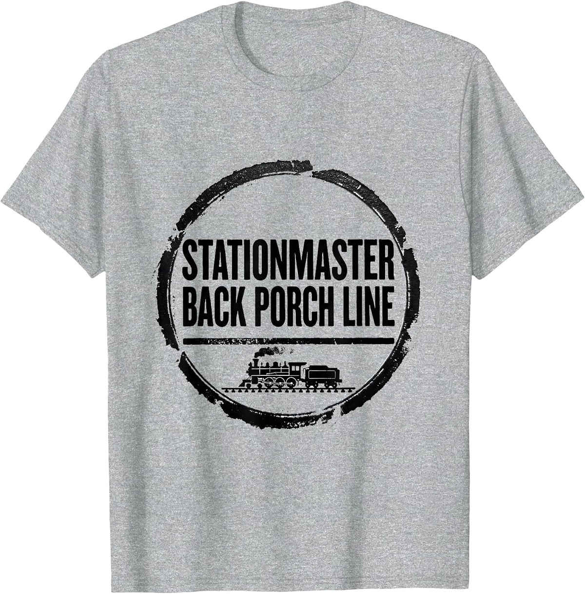 Men's Stationmaster Back Porch Line Vintage Steam Train Enthusiast T-Shirt - Heather Grey