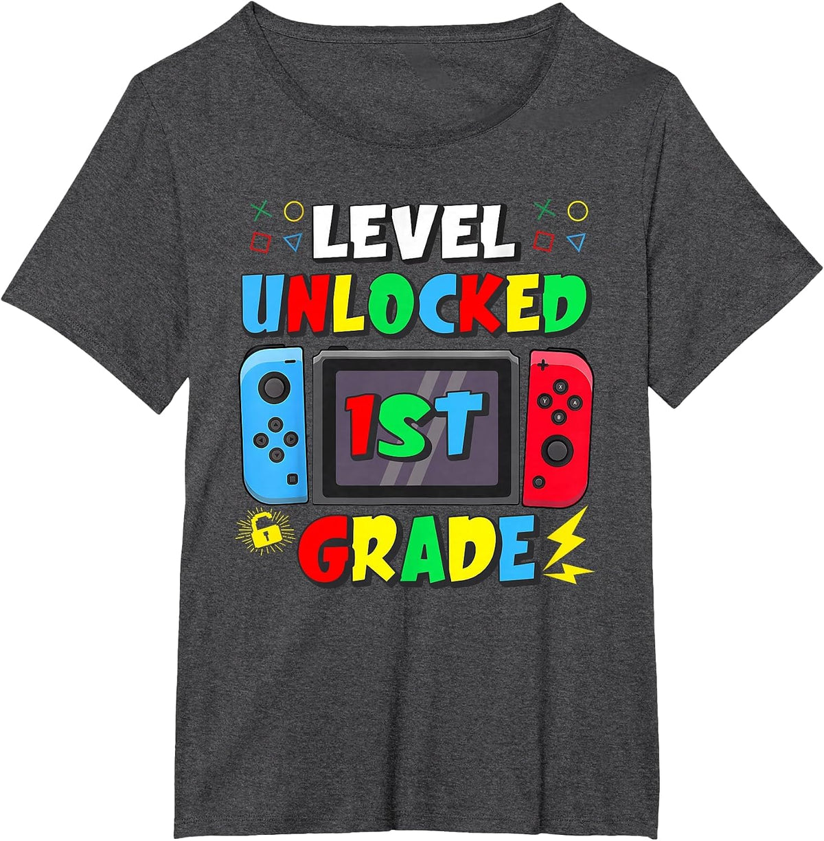 First Day of 1st Grade Level Unlocked Game Back to School T-Shirt - Dark Heather Grey