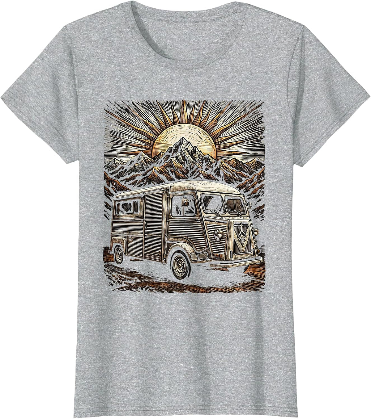 Vintage Van Mountain Dusk Rock Graphic Tee T-Shirt - Heather Grey