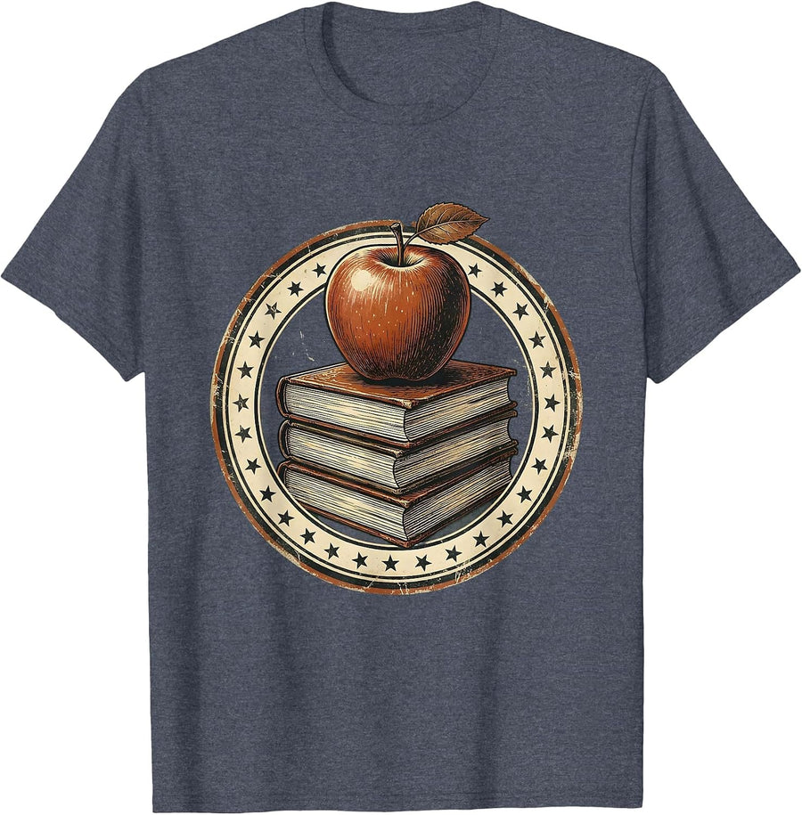 Daycare Teacher Stack of Books Apple Illustration T-Shirt - Heather Blue