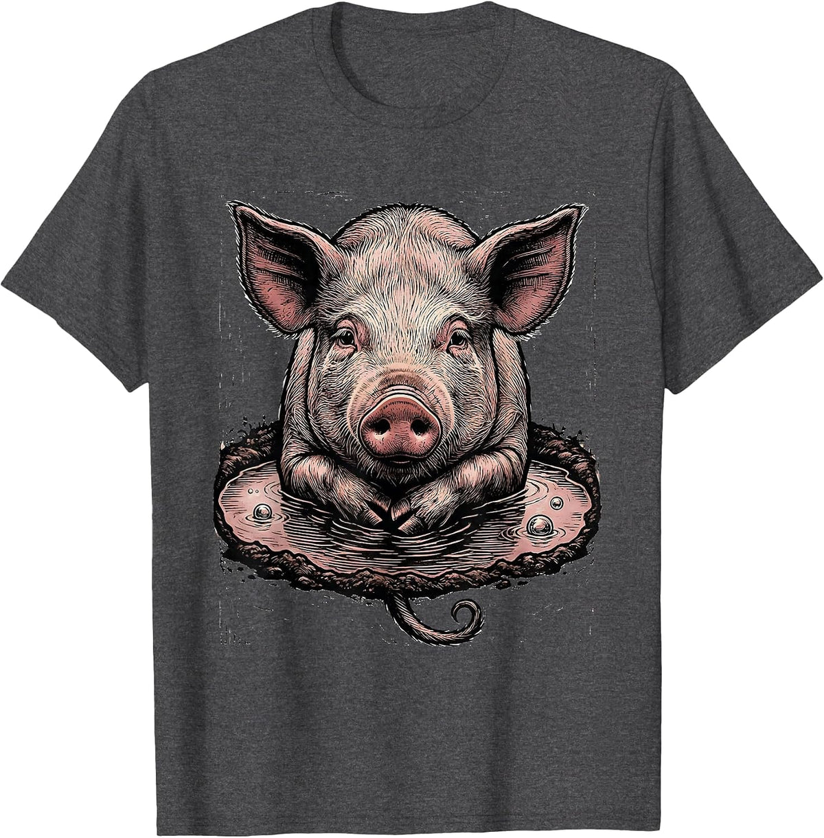 Mud Spa Pig Woodcut Engraving Funny Farm Animal Lover T-Shirt - Dark Heather Grey