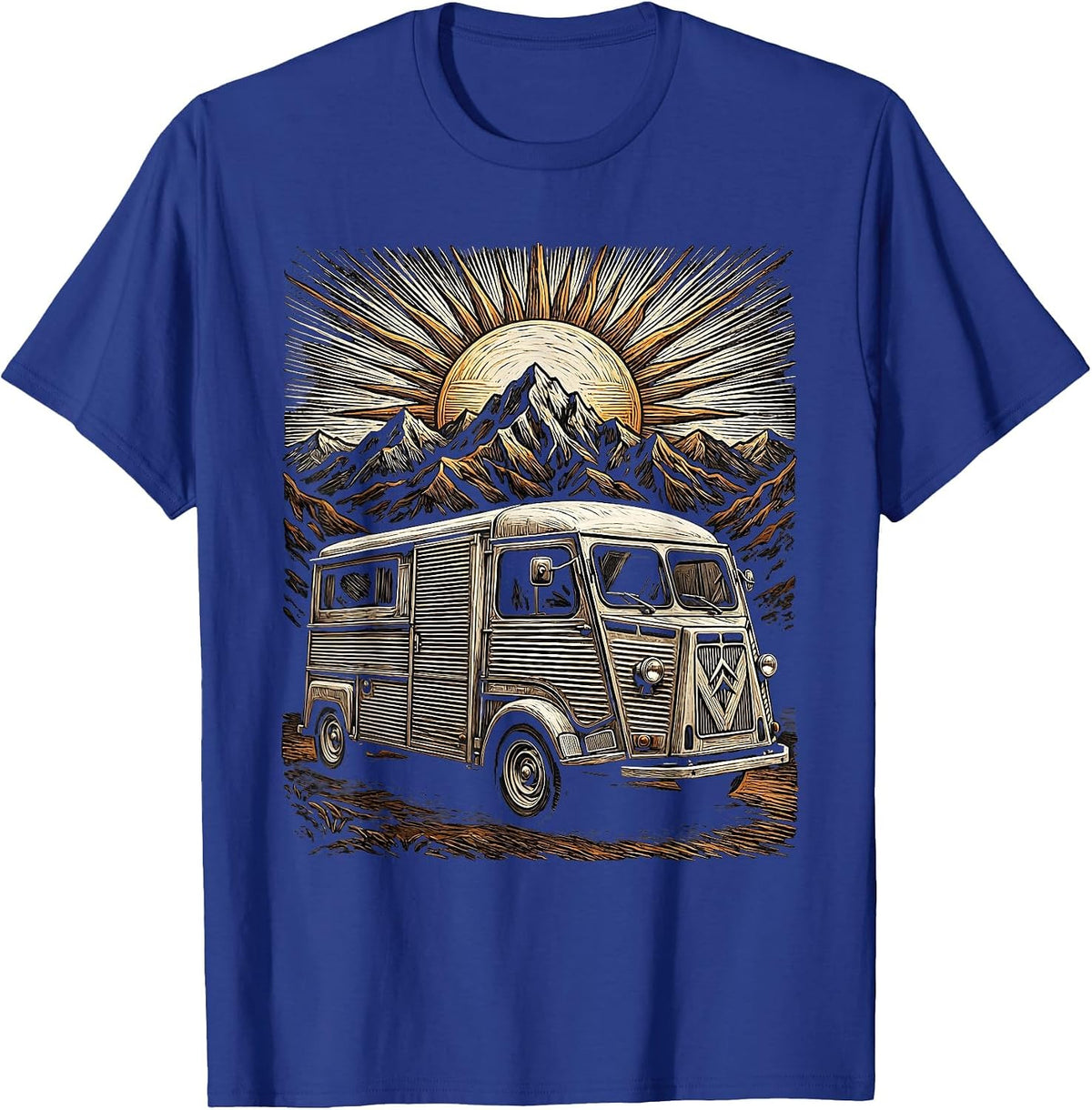 Vintage Van Mountain Dusk Rock Graphic Tee T-Shirt - Royal Blue
