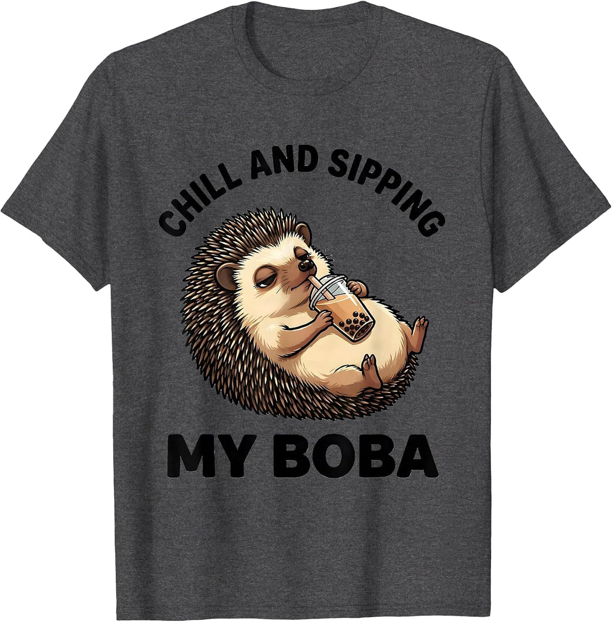 Men's Chill and Sipping My Boba Cute Kawaii Hedgehog Boba Tea T-Shirt - Dark Heather Grey