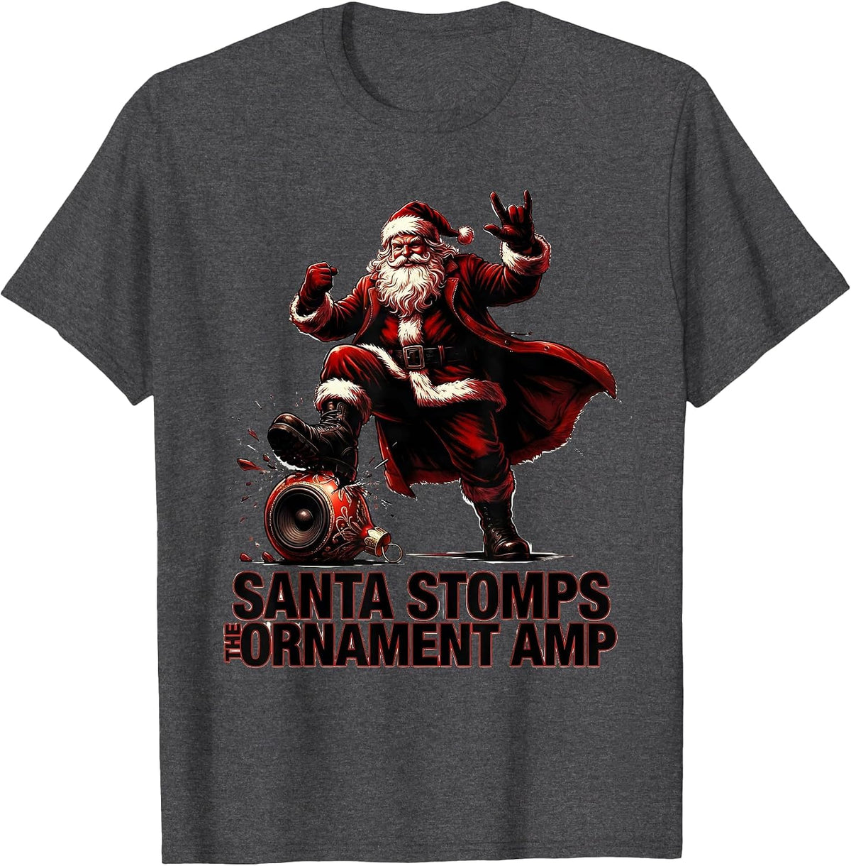 Men's Santa Stomps The Ornament Amp Funny Heavy Metal Rock T-Shirt - Dark Heather Grey