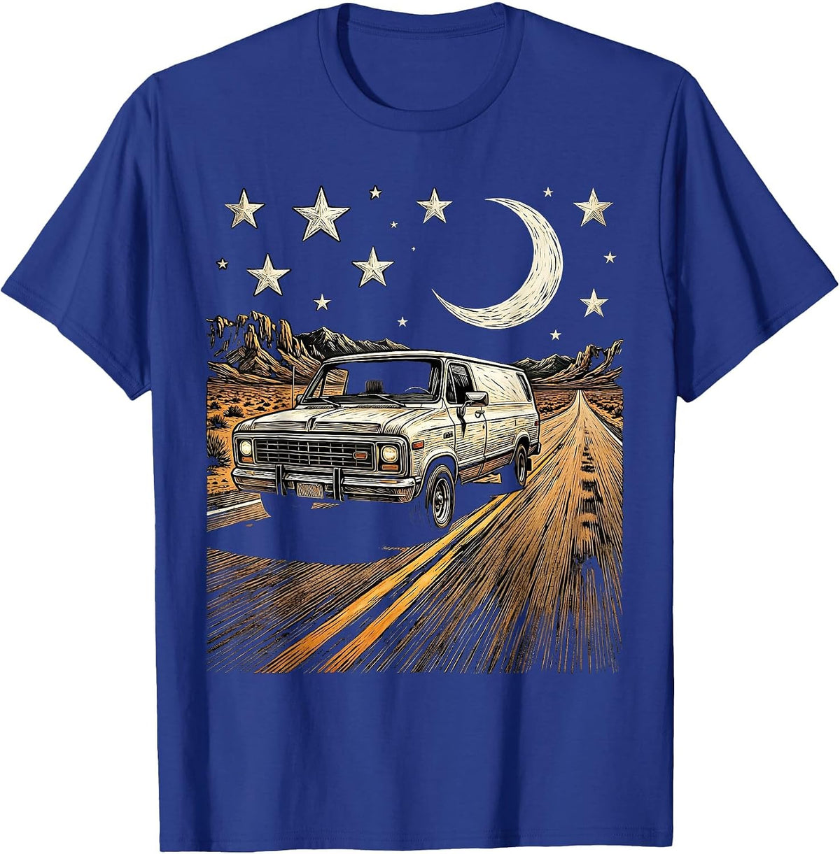 Vintage Van Highway Starry Night Rock and Roll T-Shirt - Royal Blue