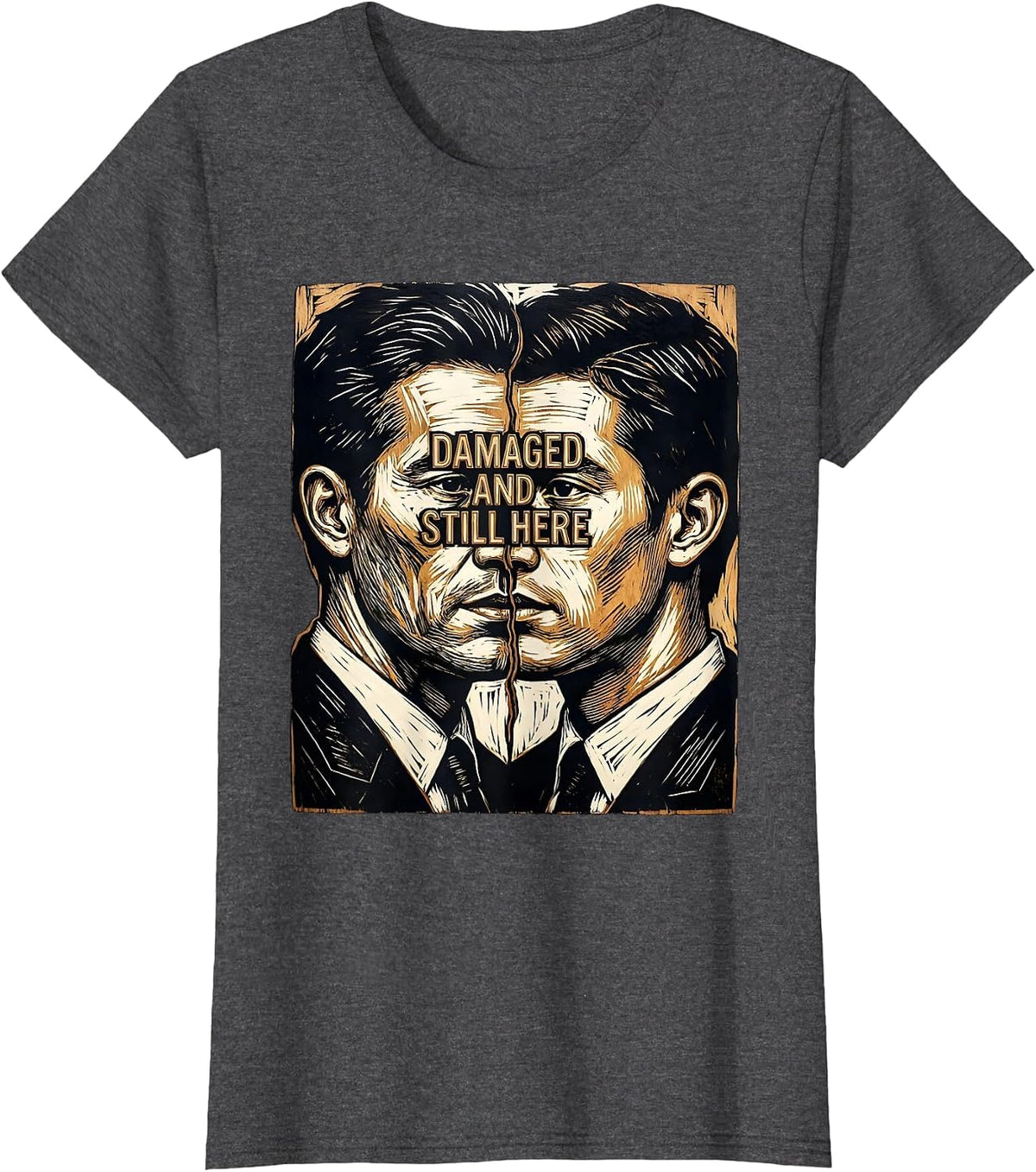 Women's Damaged And Still Here Linocut Mental Health Awareness T-Shirt - Dark Heather Grey
