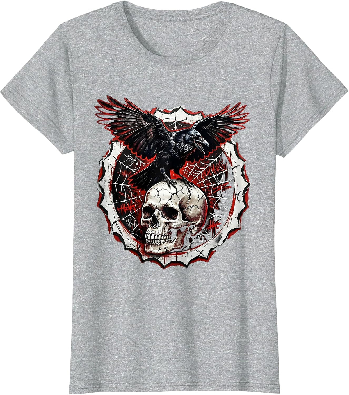 Crow Perched on Skull Dark Gothic Metal Design T-Shirt - Heather Grey