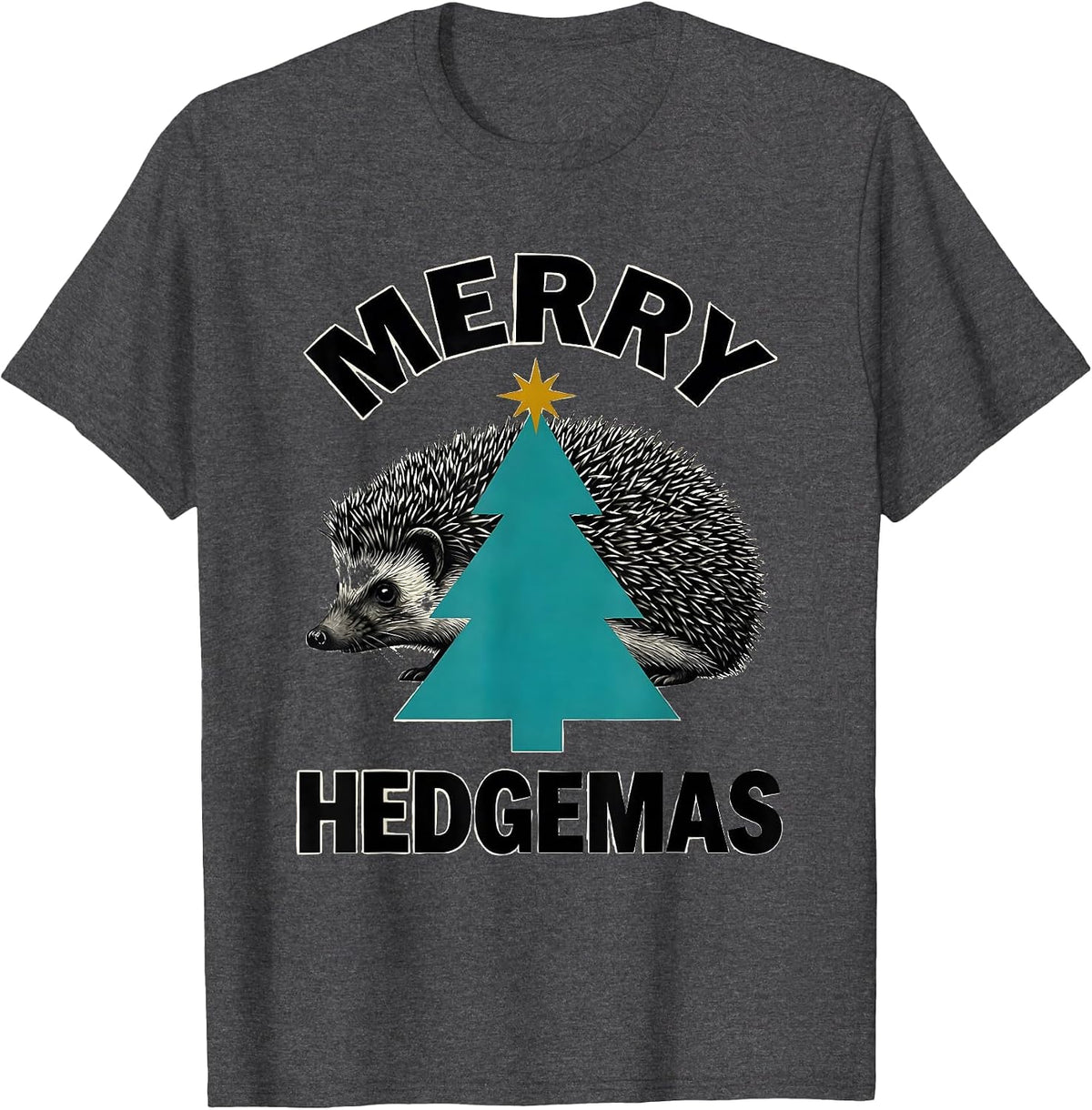 Men's Merry Hedgemas Midcentury Modern Hedgehog Christmas Tree T-Shirt - Dark Heather Grey