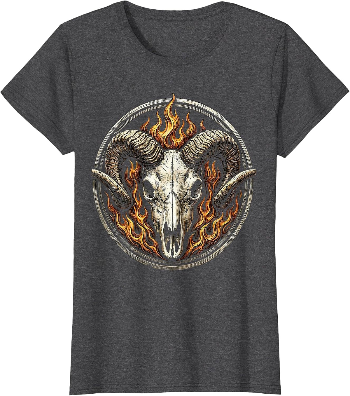 Women's Horned Skull Dark Flames Horror Graphic Design T-Shirt - Dark Heather Grey