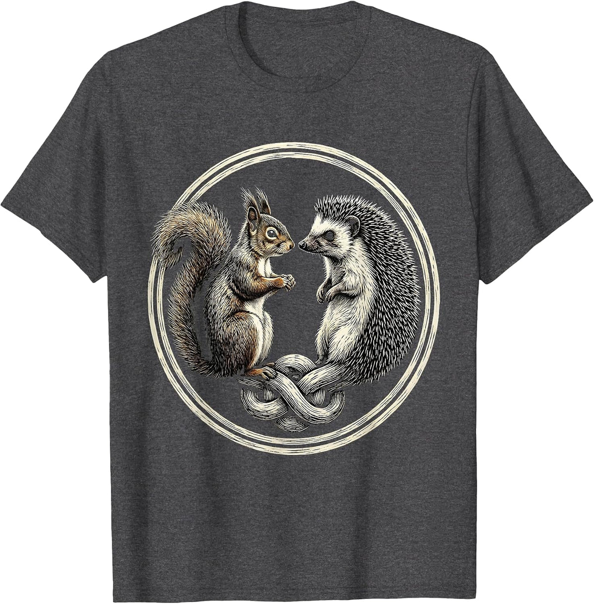 Men's Squirrel And Hedgehog Woodcut Engraving Animal Lover Humor T-Shirt - Dark Heather Grey