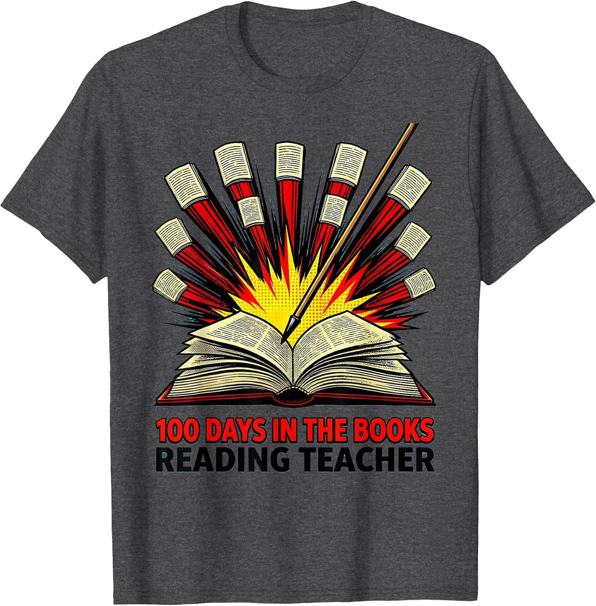 Men's 100 Days In The Books Reading Teacher Pop Art 100th Day T-Shirt - Dark Heather Grey