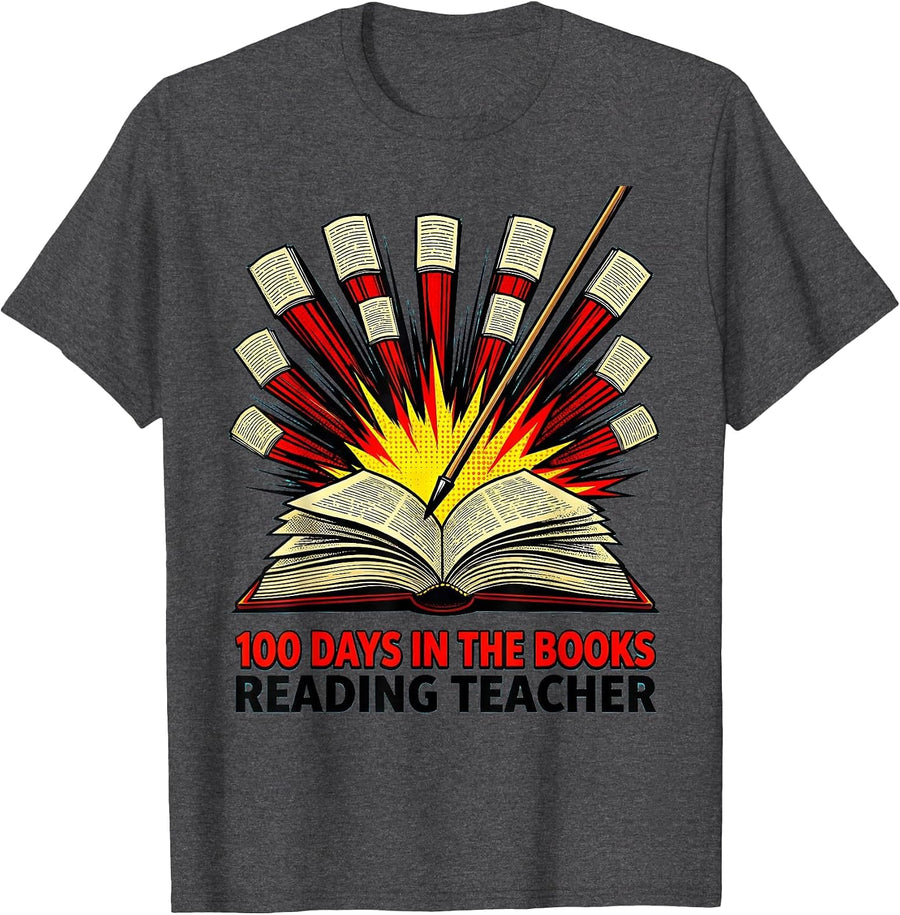 Men's 100 Days In The Books Reading Teacher Pop Art 100th Day T-Shirt - Dark Heather Grey