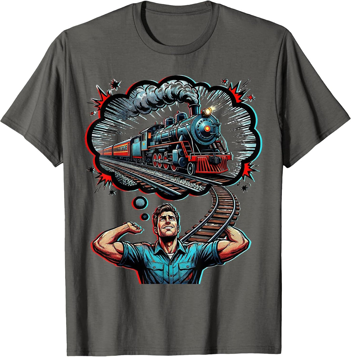 Confident Train Enthusiast Pop Art Hobbyist Humor T-Shirt - Asphalt Grey