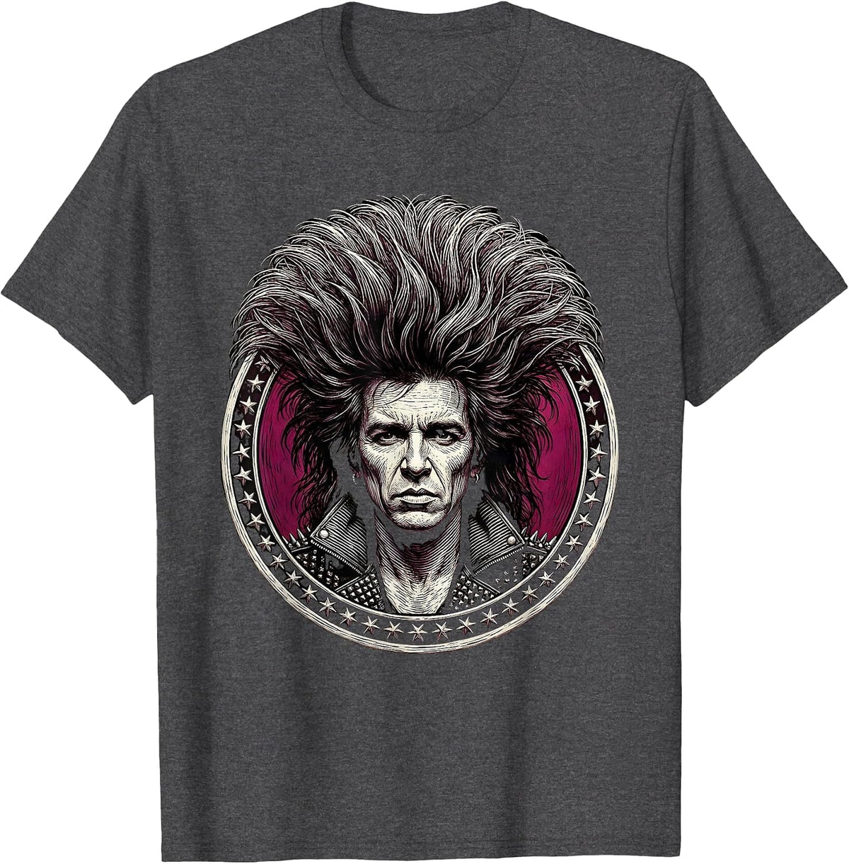 Glam Rock Singer Teased Hair 80s Band Graphic T-Shirt - Dark Heather Grey