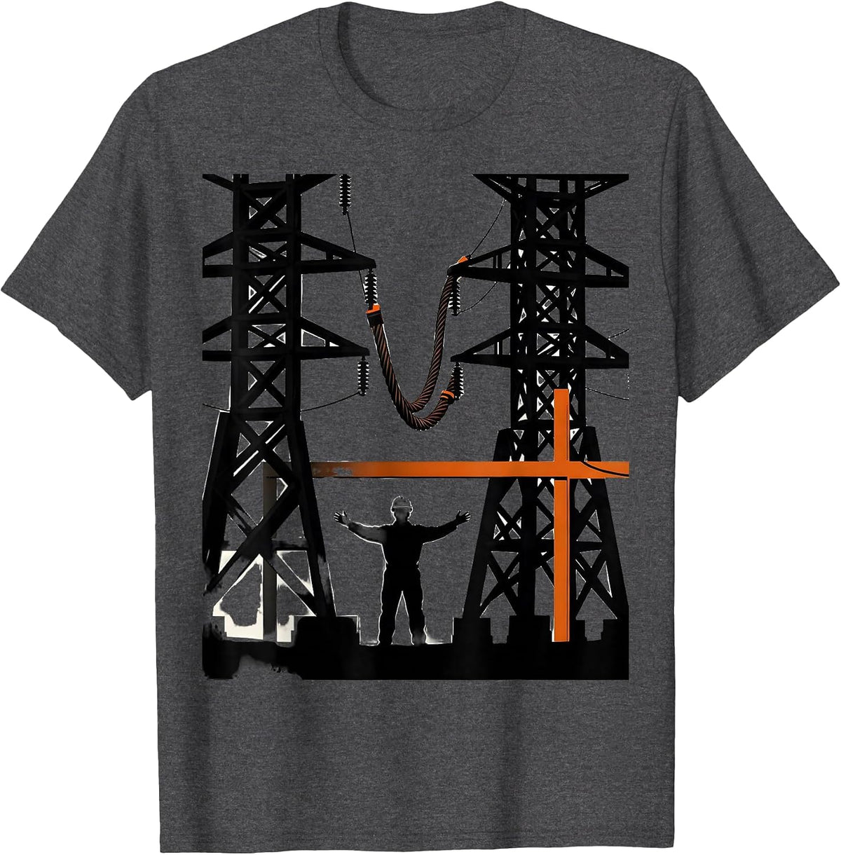 Lineman Stringing Wire Between Towers Graphic T-Shirt - Dark Heather Grey