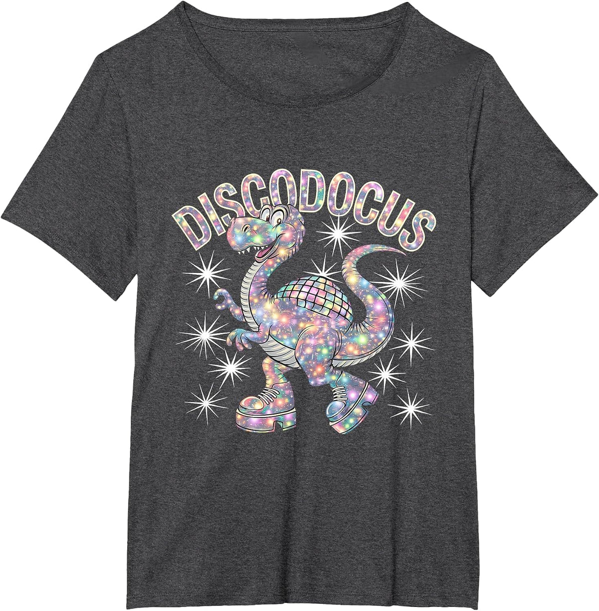 Disco Ball Diplodocus Dinosaur 70s Funny Disco Dance Party T-Shirt - Dark Heather Grey