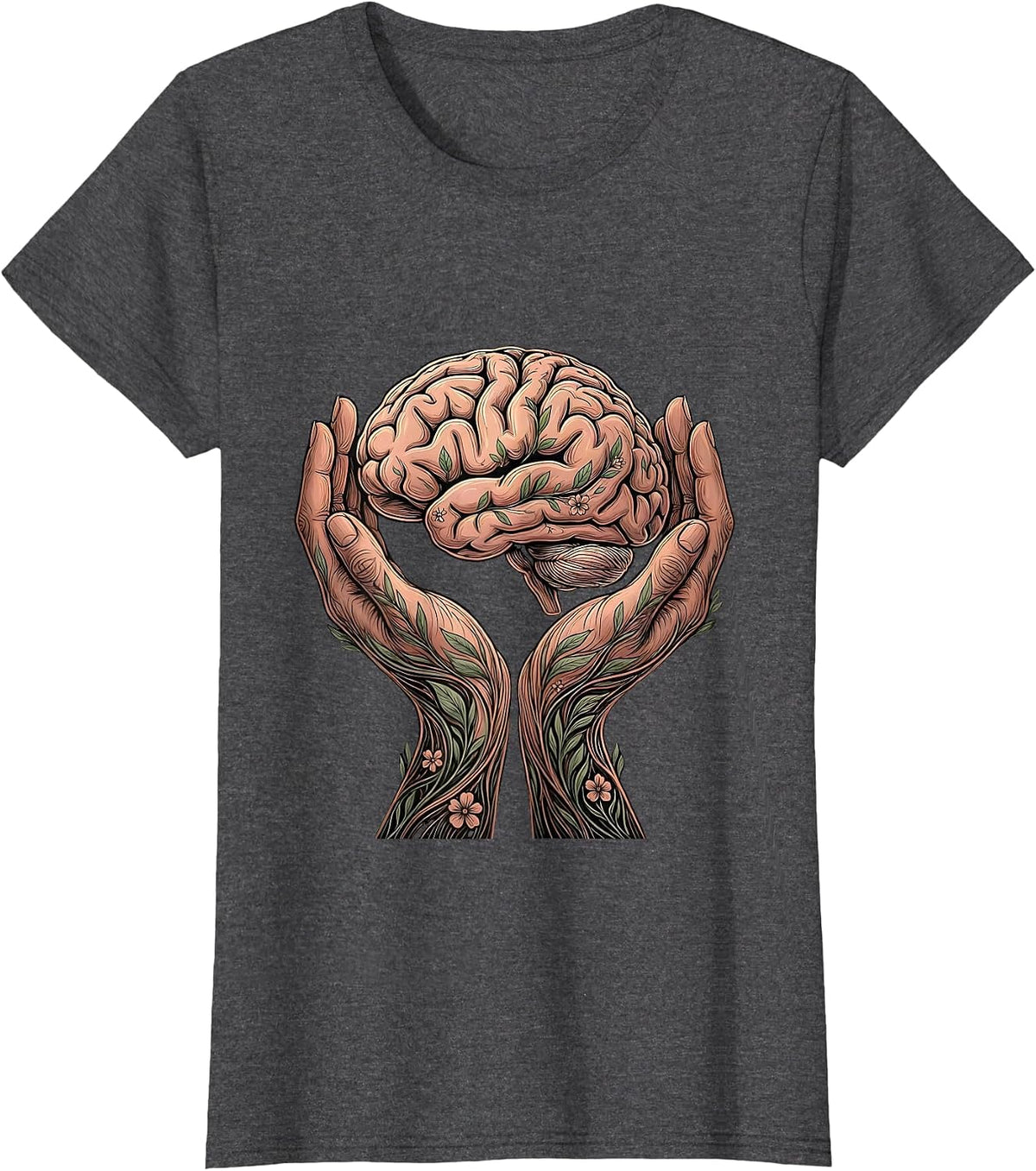 Women's Cupped Hands Glowing Brain Mental Health Graphic T-Shirt - Dark Heather Grey
