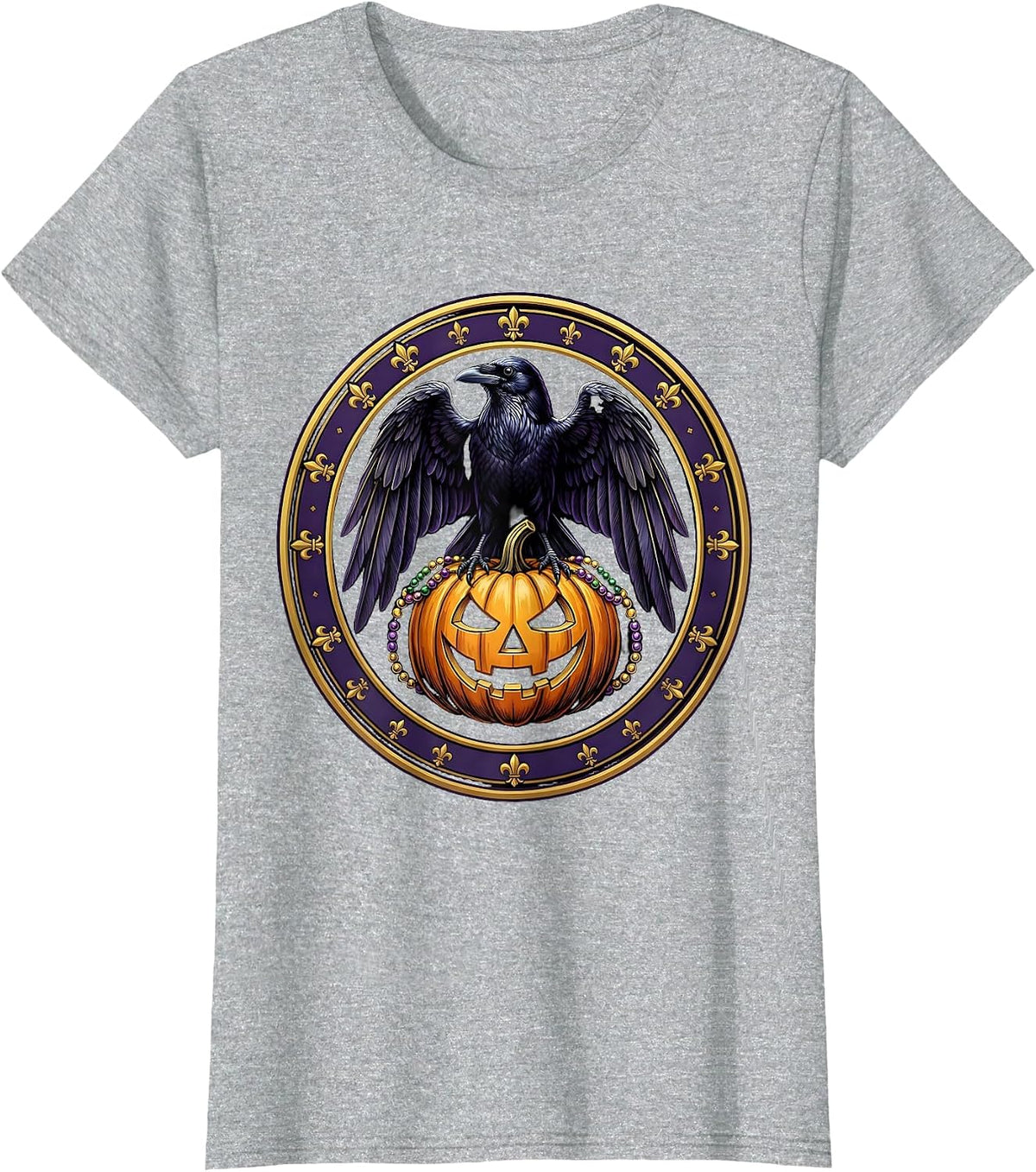 Women's Mardi Gras Crow on Glowing Jack-O-Lantern T-Shirt - Heather Grey