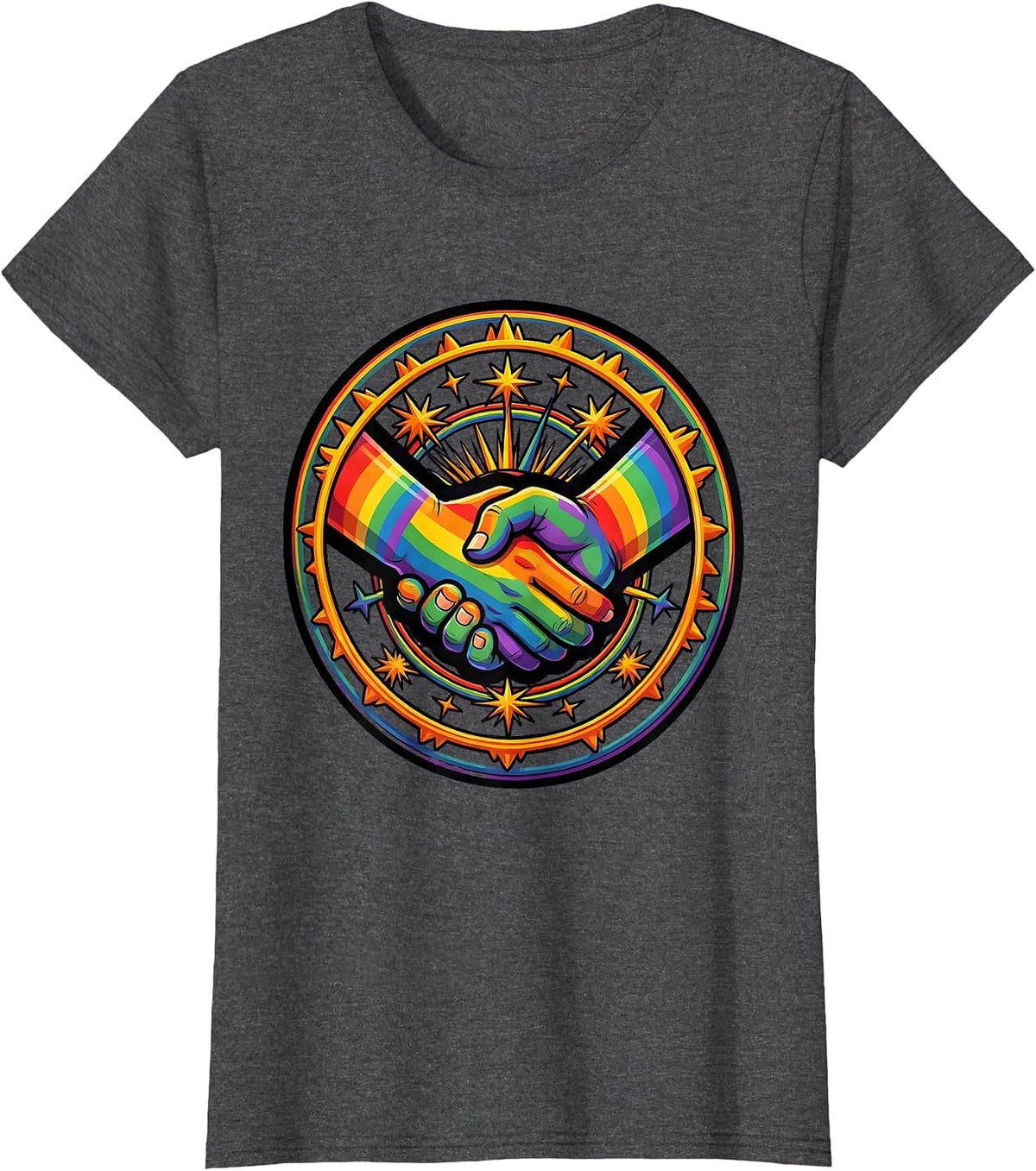 Women's Glowing Interlocked Hands Pride Unity Design T-Shirt - Dark Heather Grey