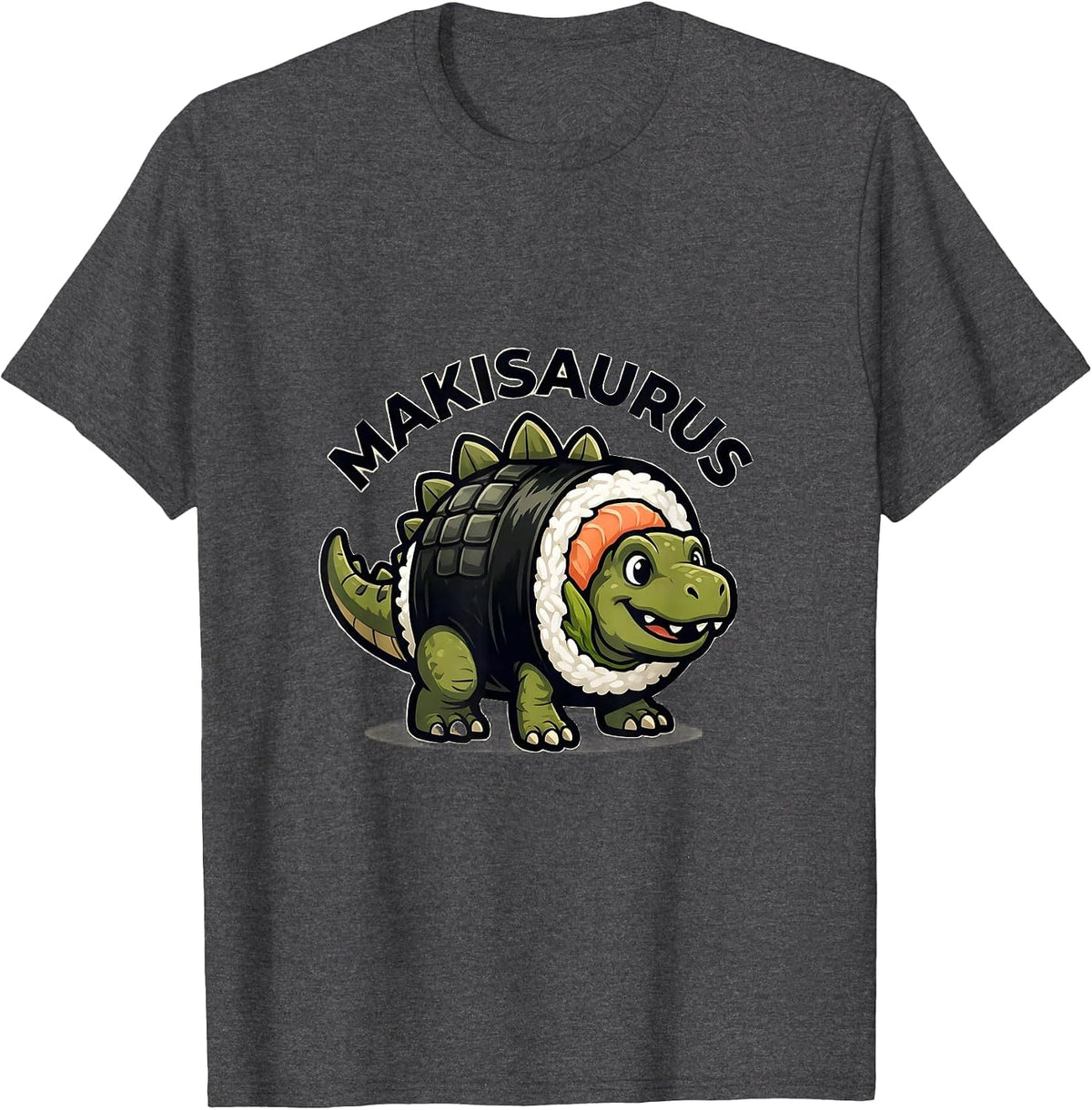 Makisaurus Kawaii Dinosaur Sushi Lover Novelty Mascot T-Shirt - Dark Heather Grey
