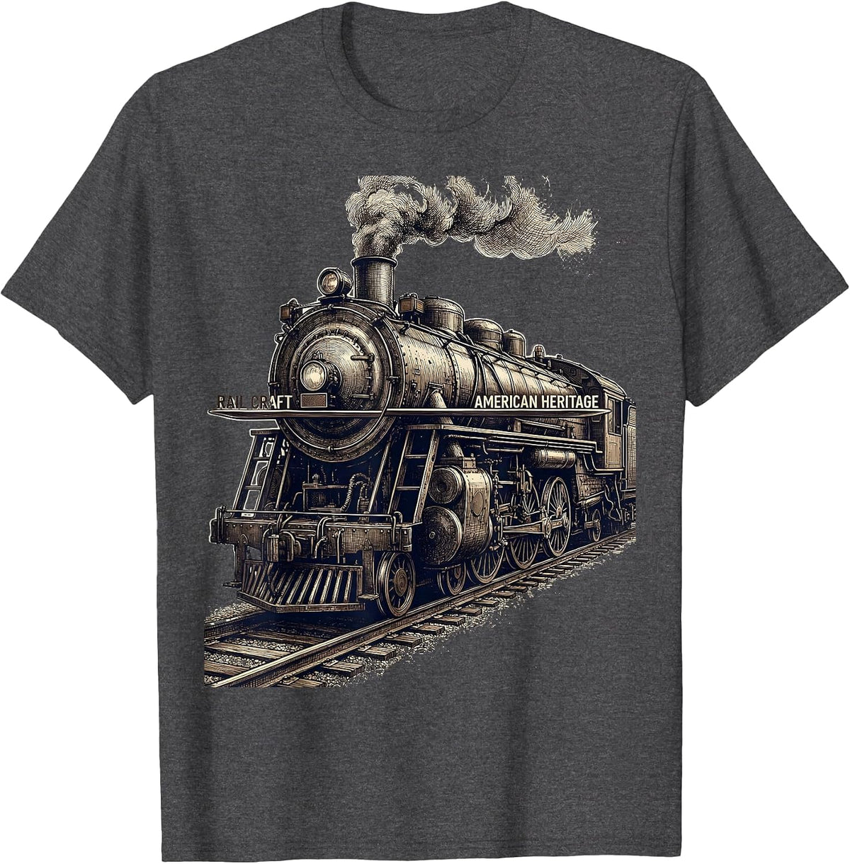 Men's Rail Craft American Heritage Steam Locomotive Train Engineer T-Shirt - Dark Heather Grey