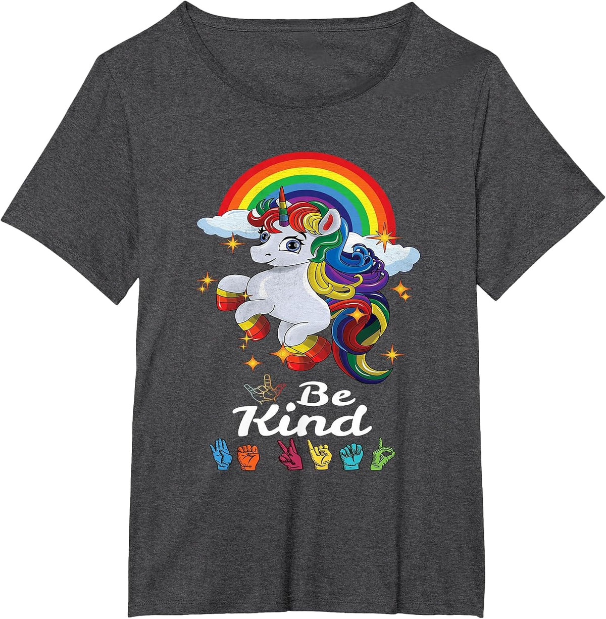 Be Kind Love ASL Teacher American Sign Language Girl Unicorn T-Shirt - Dark Heather Grey