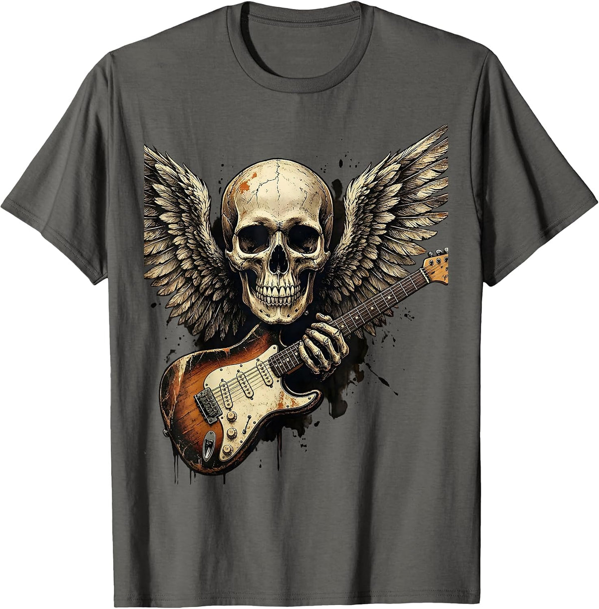 Winged Skull Flying V Guitar Rock and Roll Graphic T-Shirt - Asphalt Grey