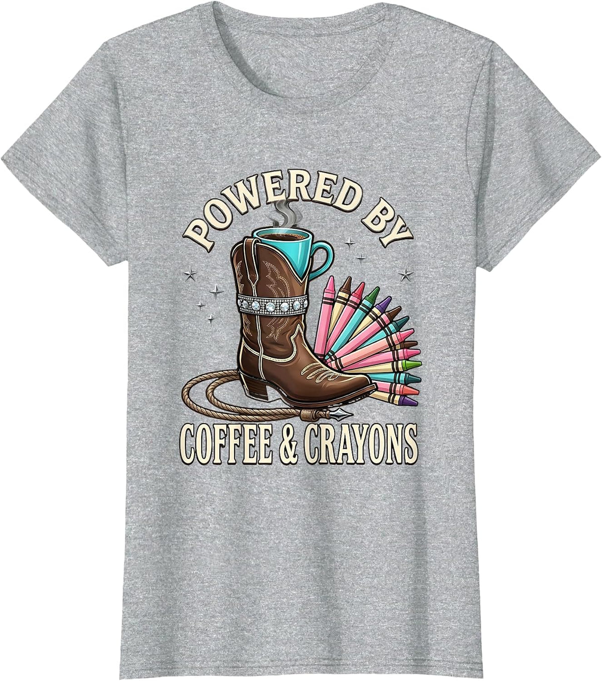 Powered by Coffee and Crayons 4th Grade Teacher T-Shirt - Heather Grey