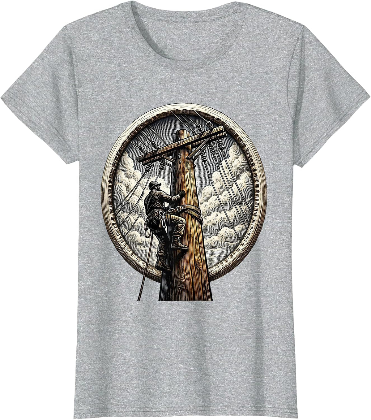 Lineman Climbing Utility Pole Graphic Tee T-Shirt - Heather Grey