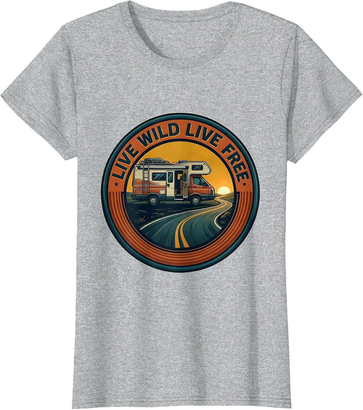 Women's Live Wild Live Free Vintage Van Life Nomad Road Trip Emblem T-Shirt - Heather Grey